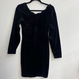 Diana Marco Womens Midi Dress Velvet V Scallop Neckline Long Sleeve Black Small